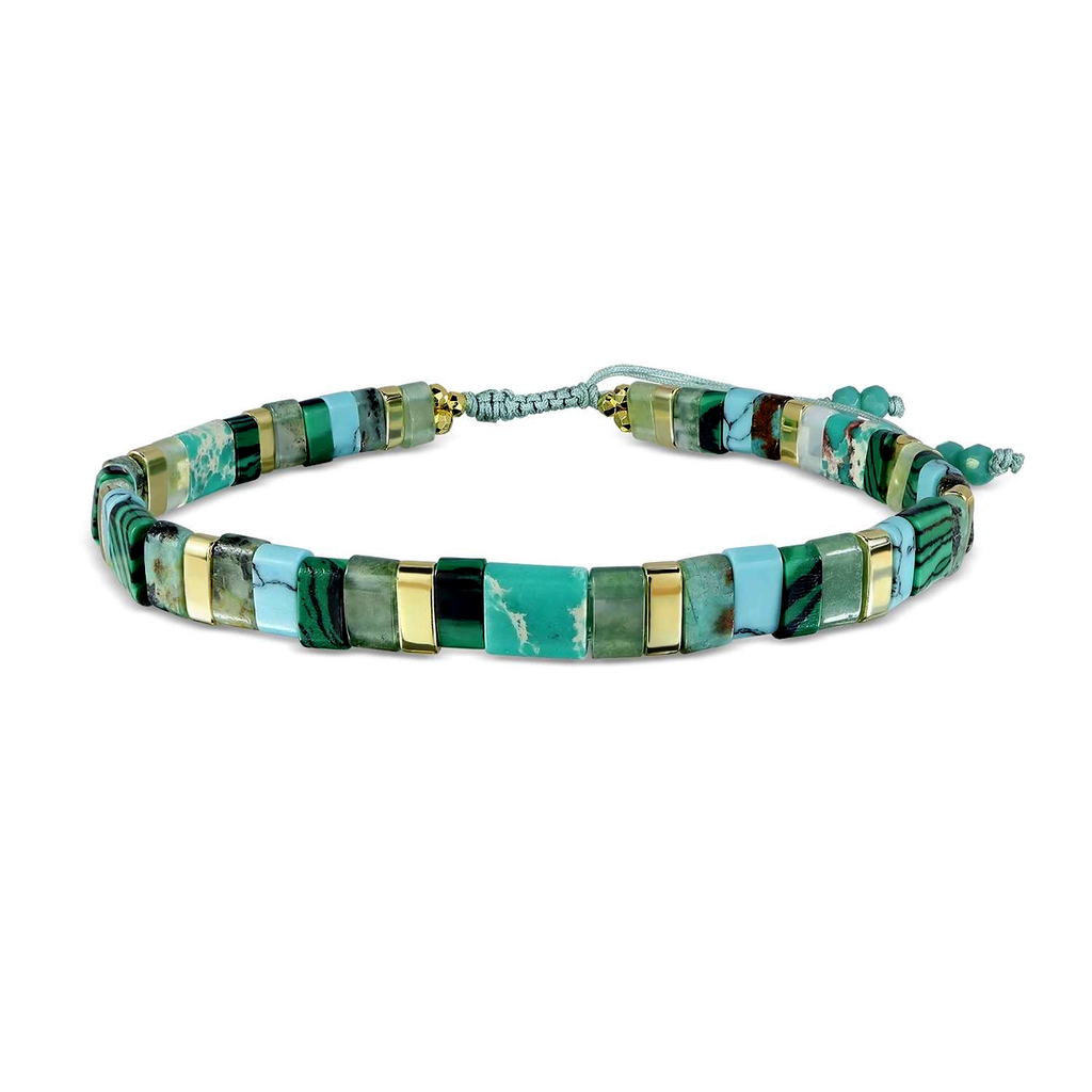 Blue and brass stone beaded bracelet on adjustable cord