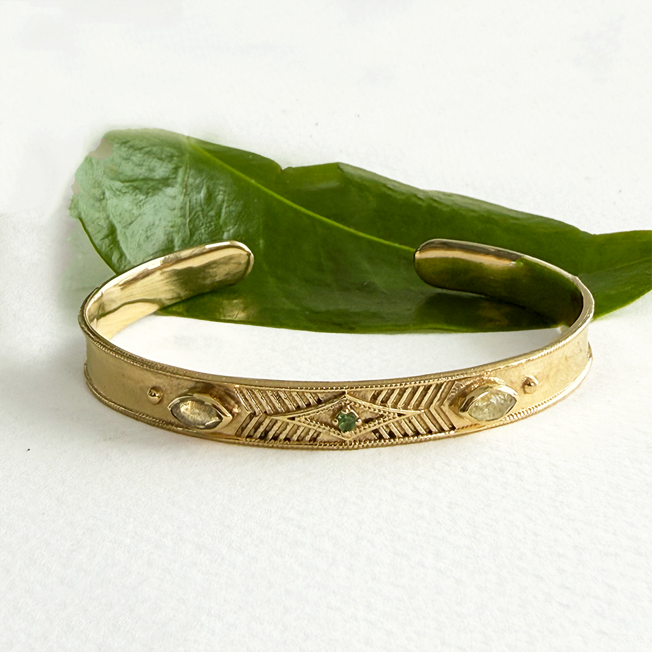 Brass tourmaline labradorite narrow cuff bracelet