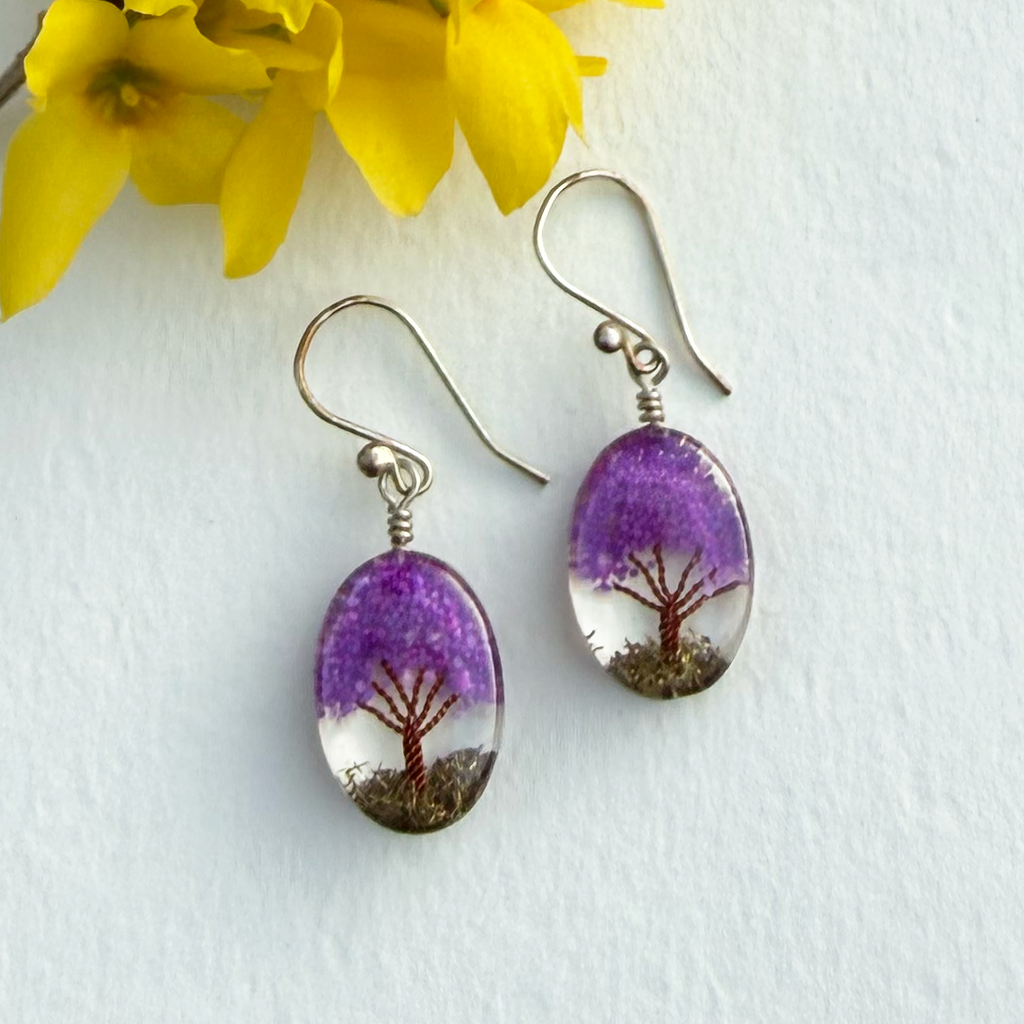 Purple resin tree dangle earrings