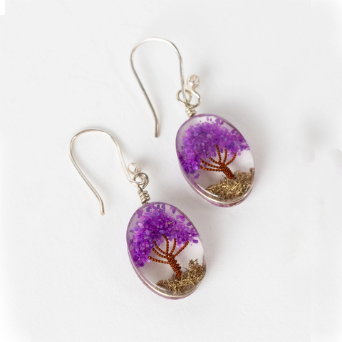 Purple resin tree dangle earrings