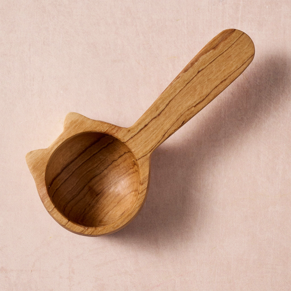 Olive wood coffee scoop with cat design