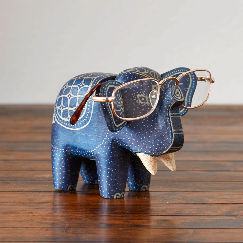 Fair trade blue batik wood eyeglass holder.