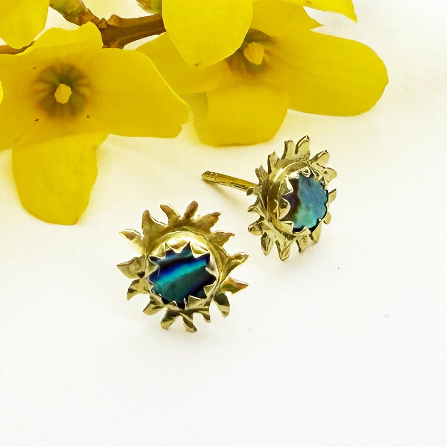 Brass sun studs earrings with abalone in center