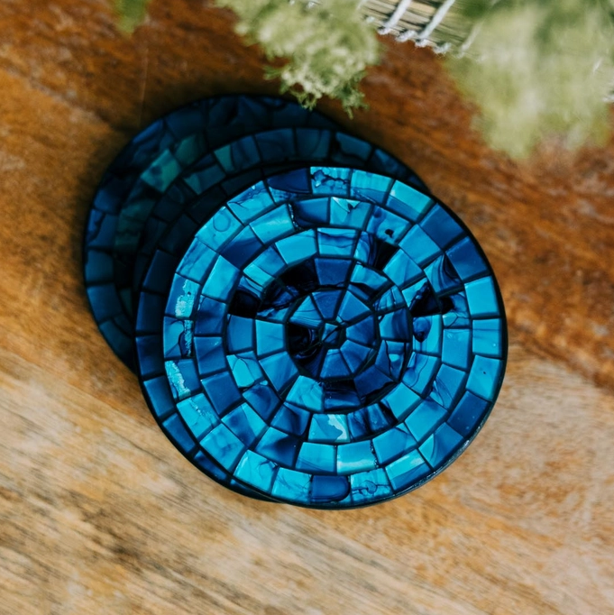 Set of 4 bright blue glass coasters