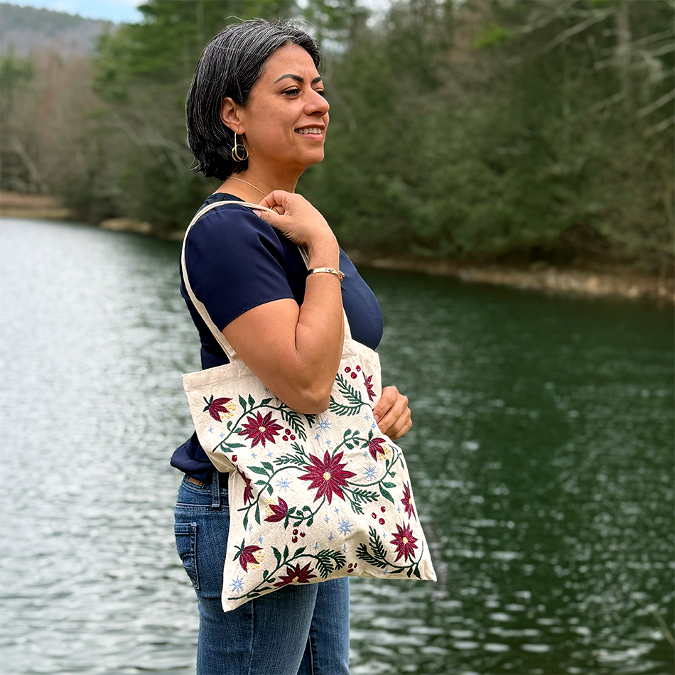 Cotton canvas tote bag with pink flowers embroidered on the front.