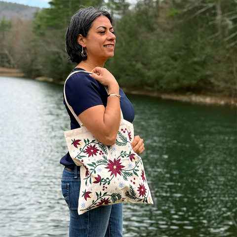 Cotton canvas tote bag with pink flowers embroidered on the front.