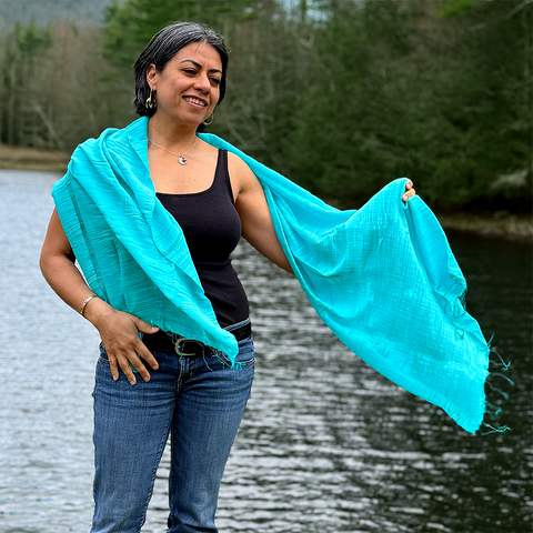 Bright aqua blue scarf wrap cotton and silk