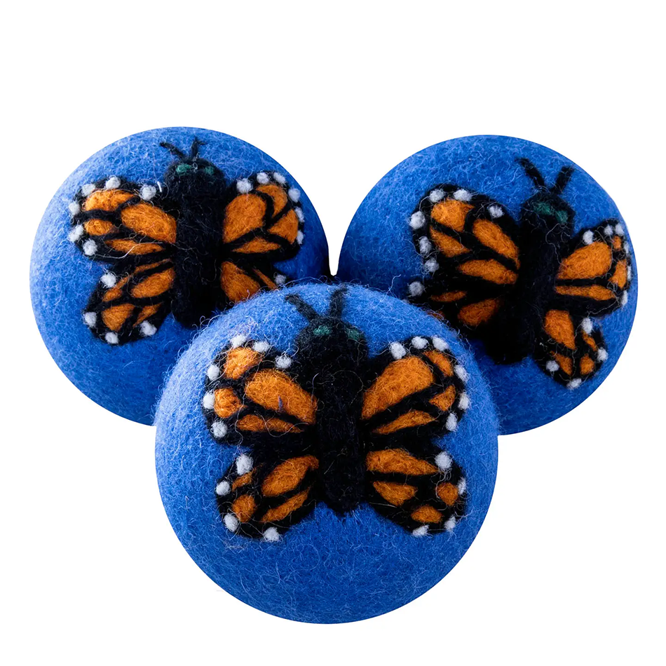 Felt dryer balls blue with butterfly design