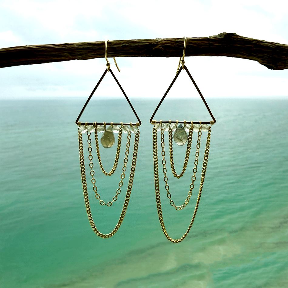 Statement earrings with 3 brass chains and labradorite stone.
