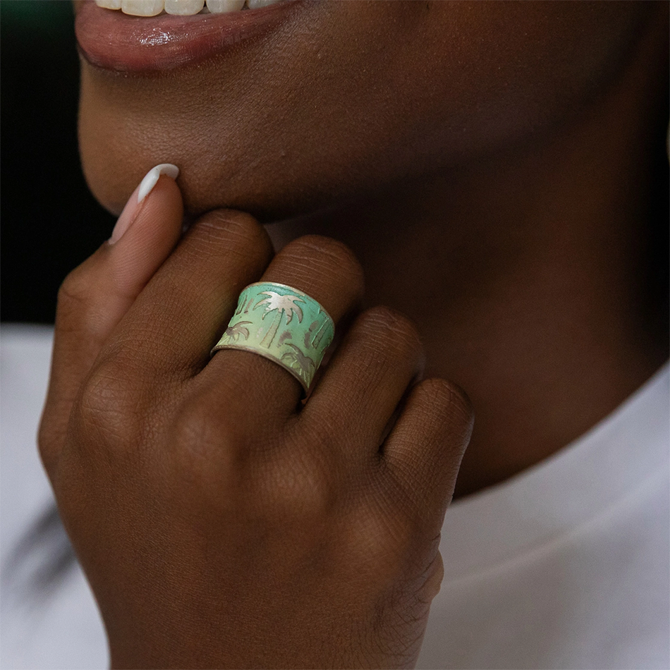 Silver-plated wide adjustable ring with green and yellow palm tree design