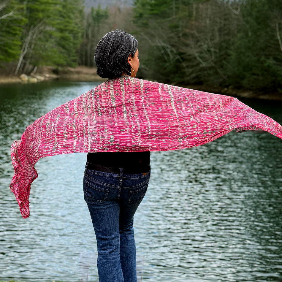 Crimson and gray shibori silk scarf