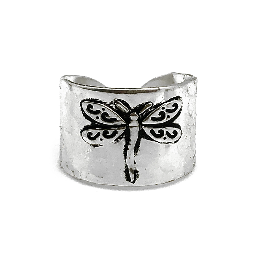 Silver-plated wide adjustable dragonfly ring