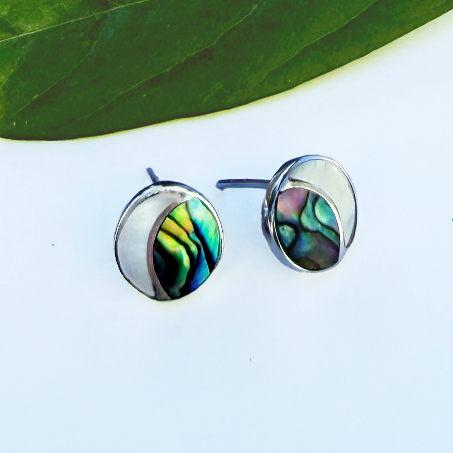 Sterling silver crescent moon studs earrings with mother-of-pearl and abalone shell