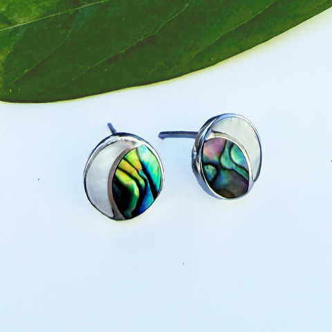 Crescent moon sterling silver studs with abalone and pearl