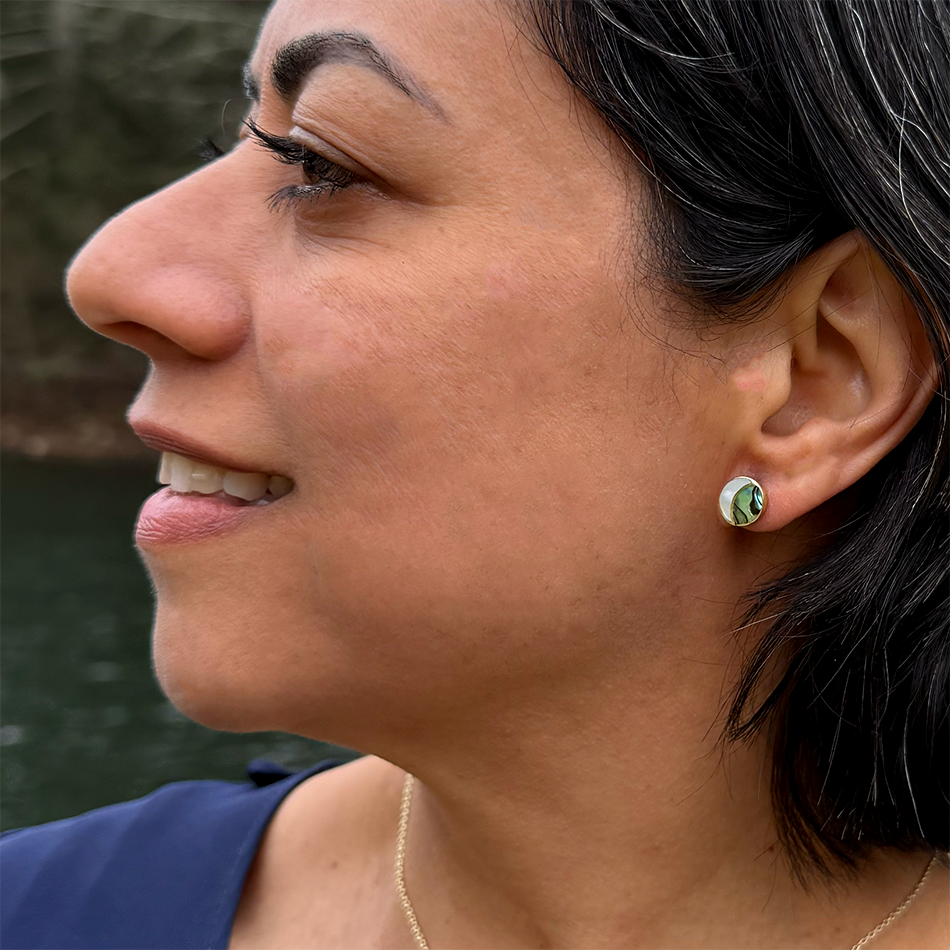 Brass crescent moon studs earrings with mother-of-pearl and abalone shell