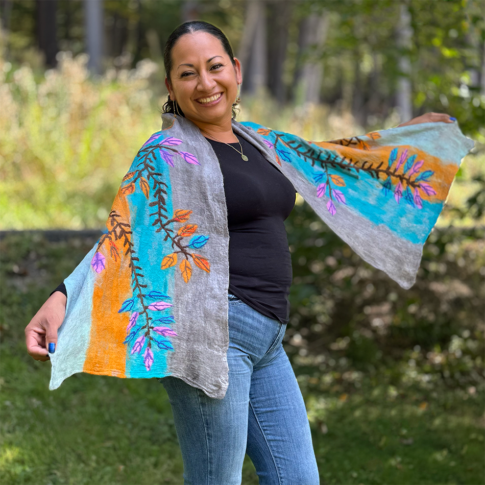Felted silk merino wool scarf with branch design