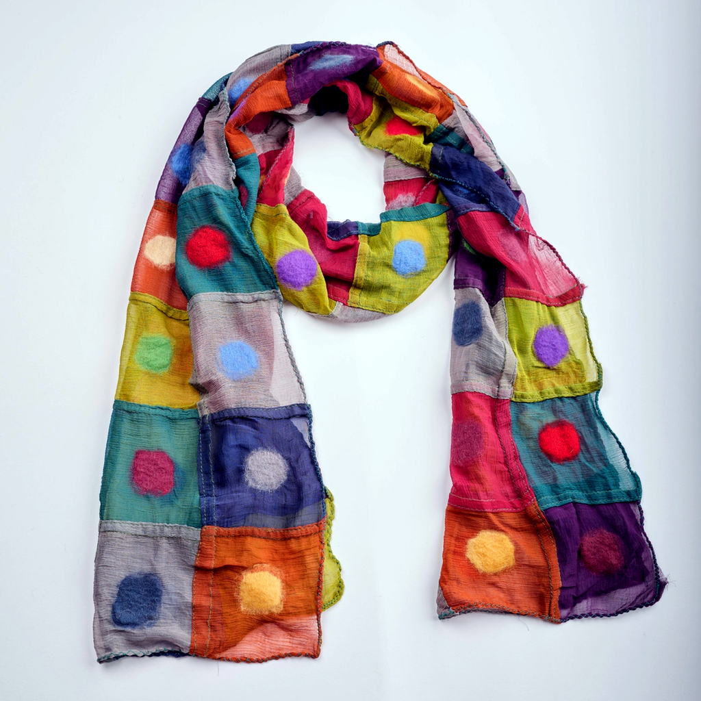 Fair trade silk scarf with colorful wool felted polka dots