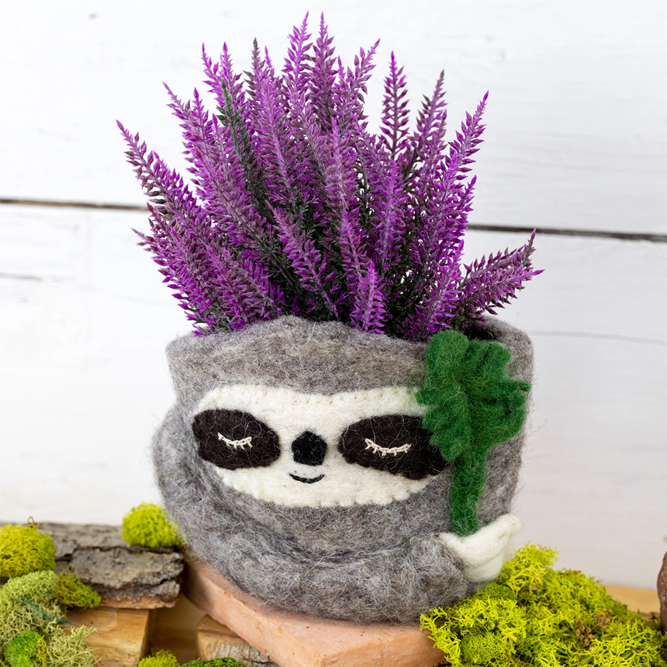 Felted wool planter basket sloth design