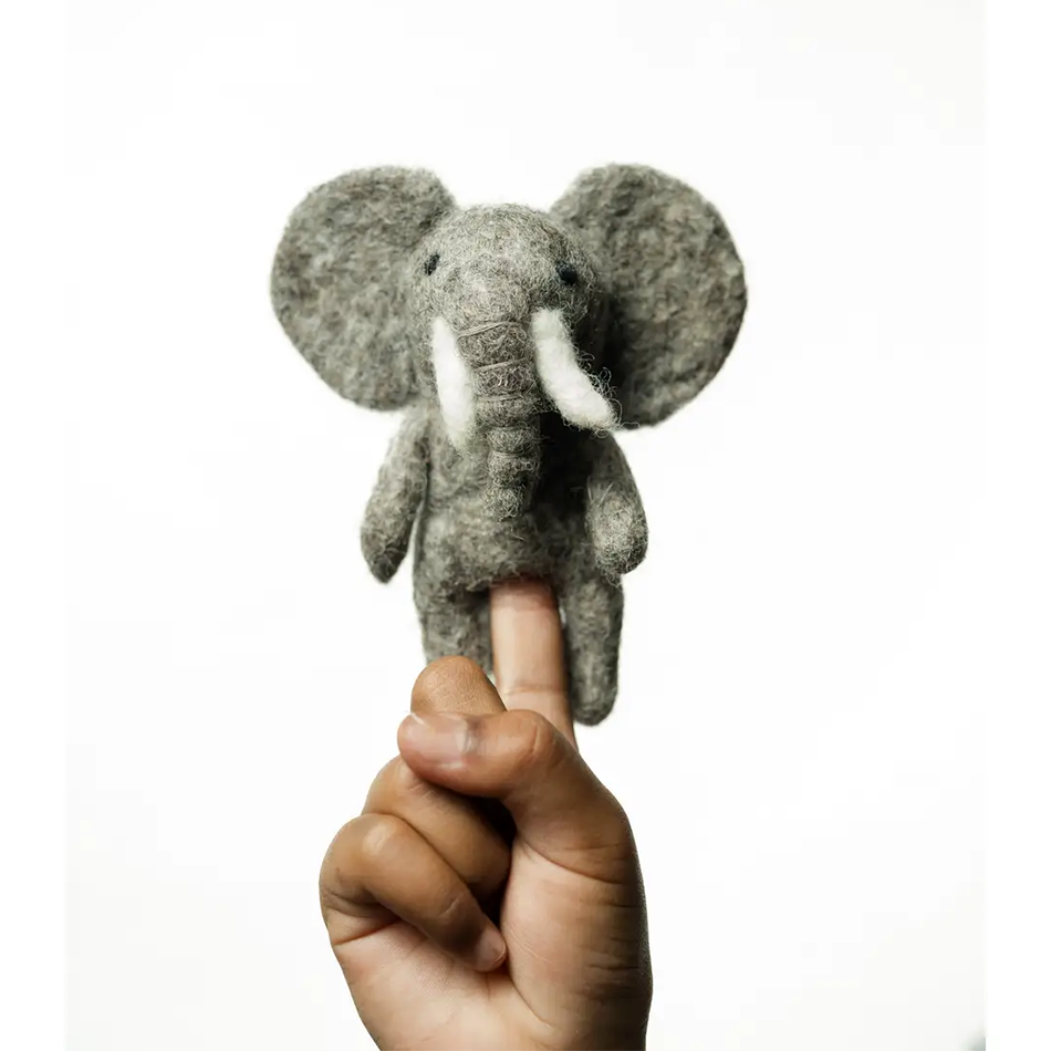 Fair trade elephant finger puppet handmade in Nepal.