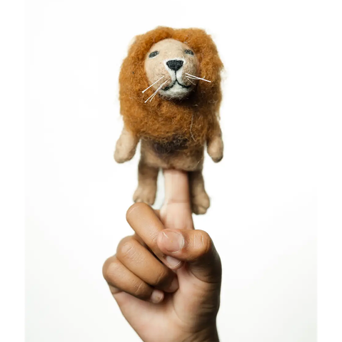 Fair trade lion finger puppet felted wool handmade by women in Nepal.