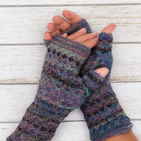 Fair trade textured baby alpaca fingerless gloves purple, pink, blue gold.