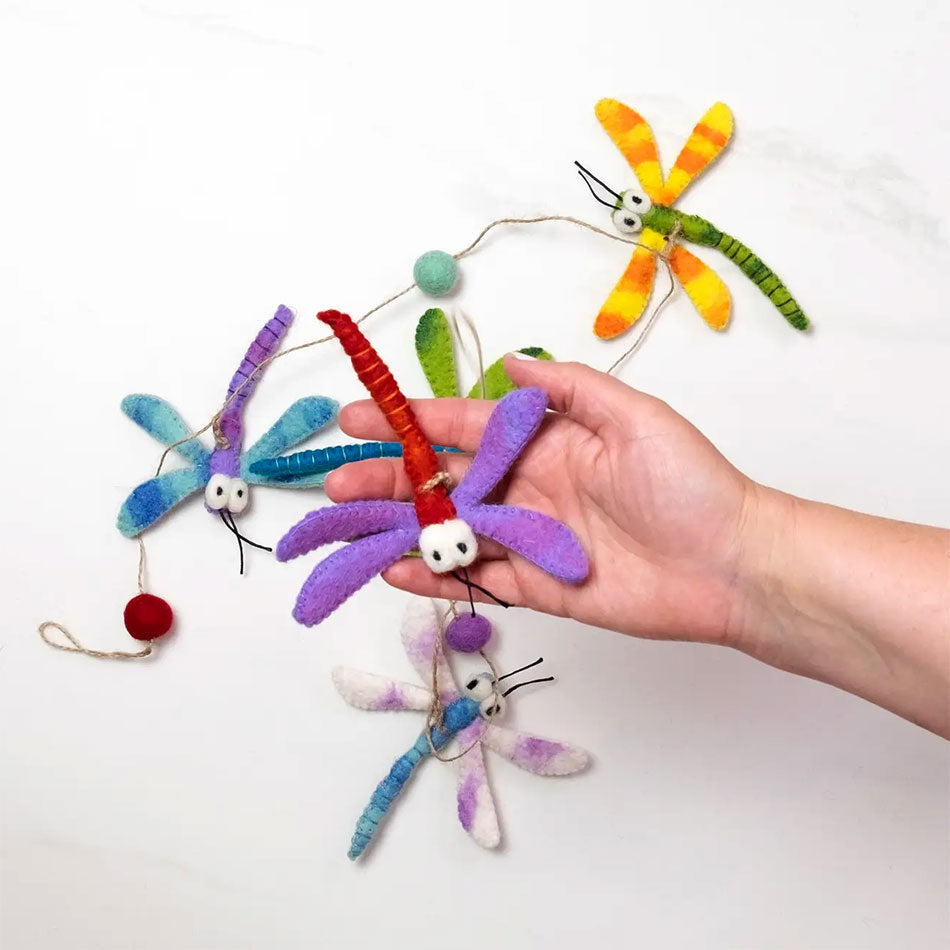 Fair trade felt multi-colored dragonfly garland.