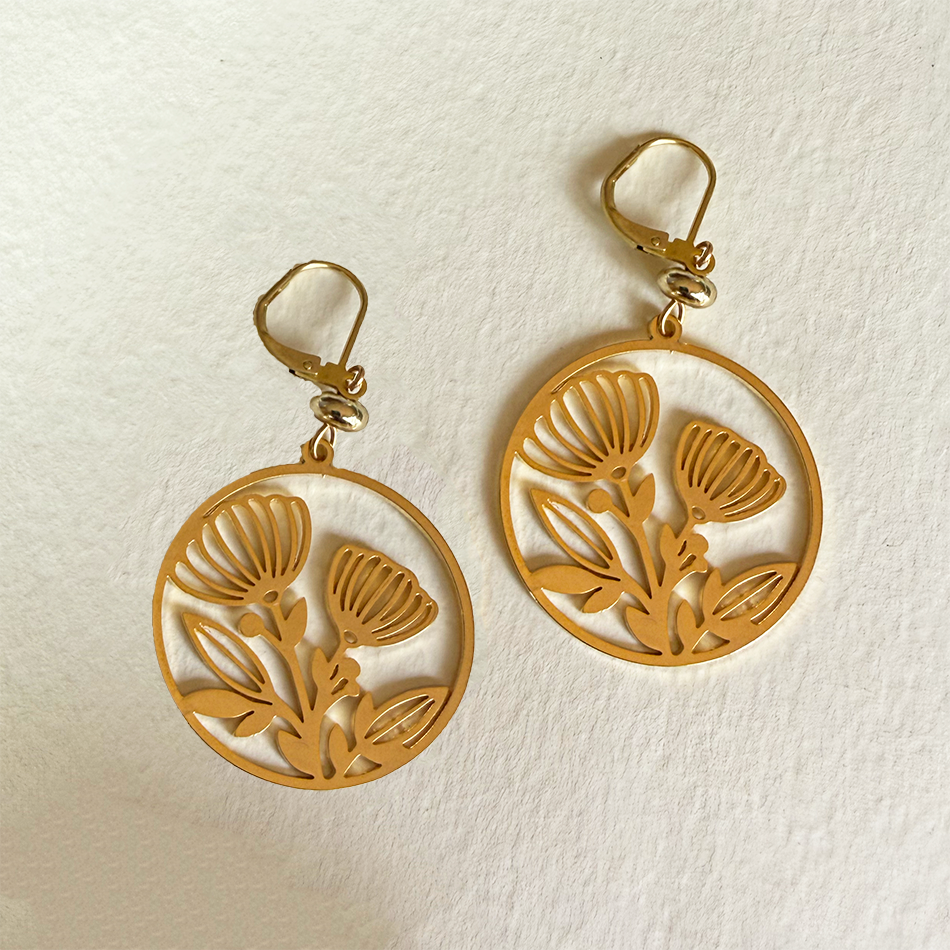 Gold-plated round cutout flower design dangle earrings.