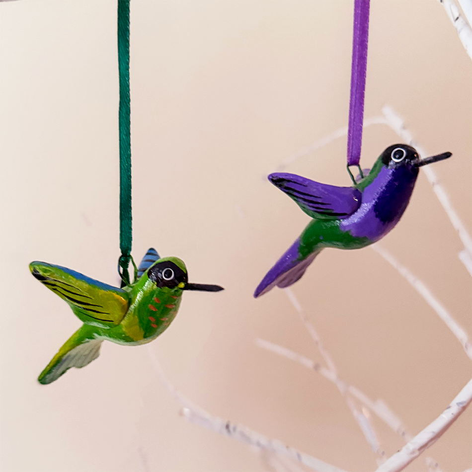 Fair trade hand-painted ceramic colorful hummingbird ornaments.
