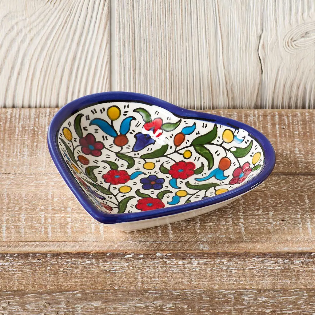 Fair trade hand-painted ceramic heart dish with flowers.