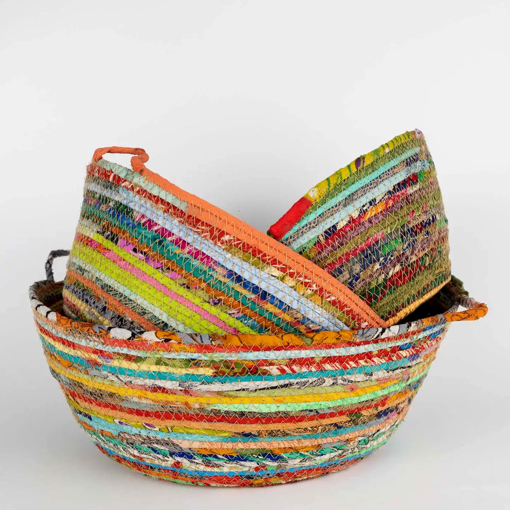 Fair trade recycled sari basket colorful.