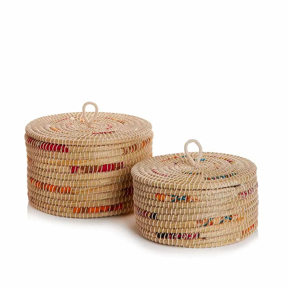 Large fair trade basket with sari fabric set of 2.