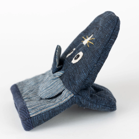 Set of 2 fair trade oven mitts with a cat design in blue colors.