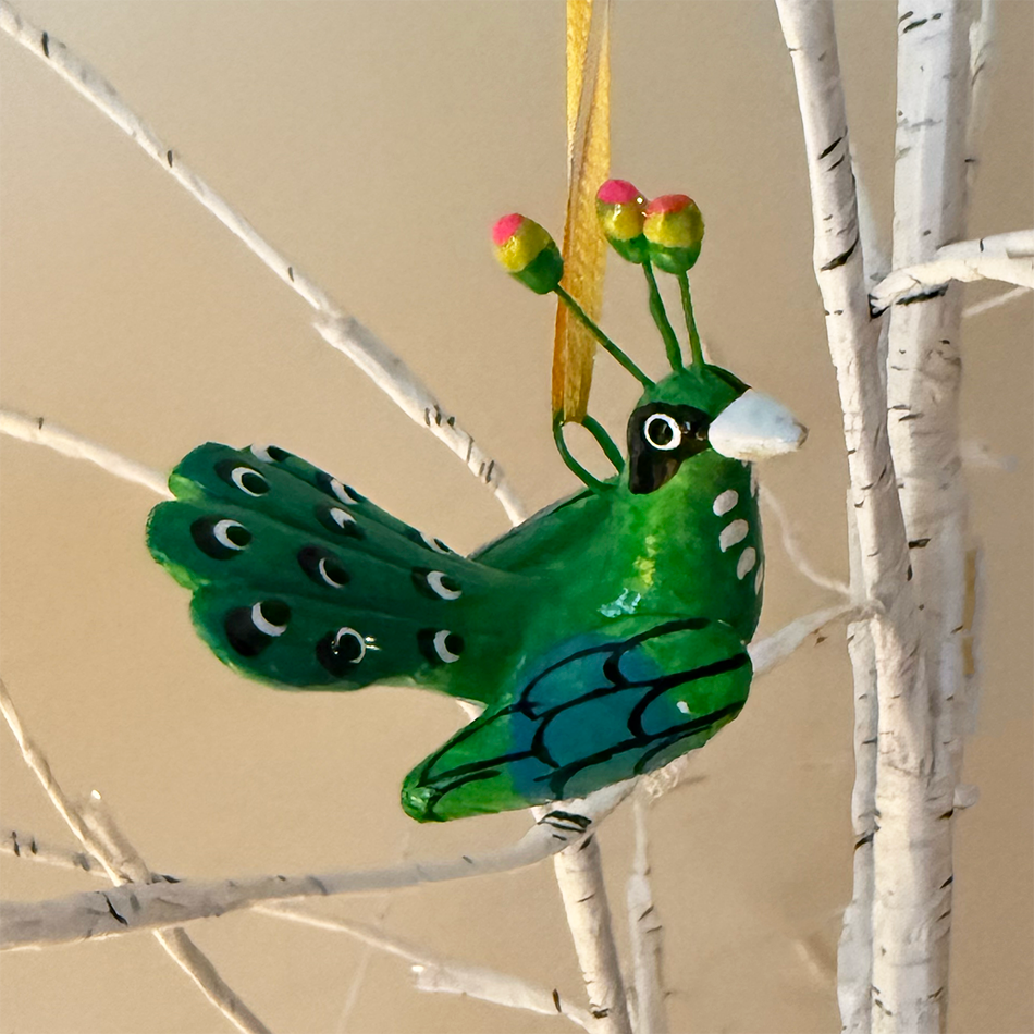 Hand-painted ceramic peacock ornament