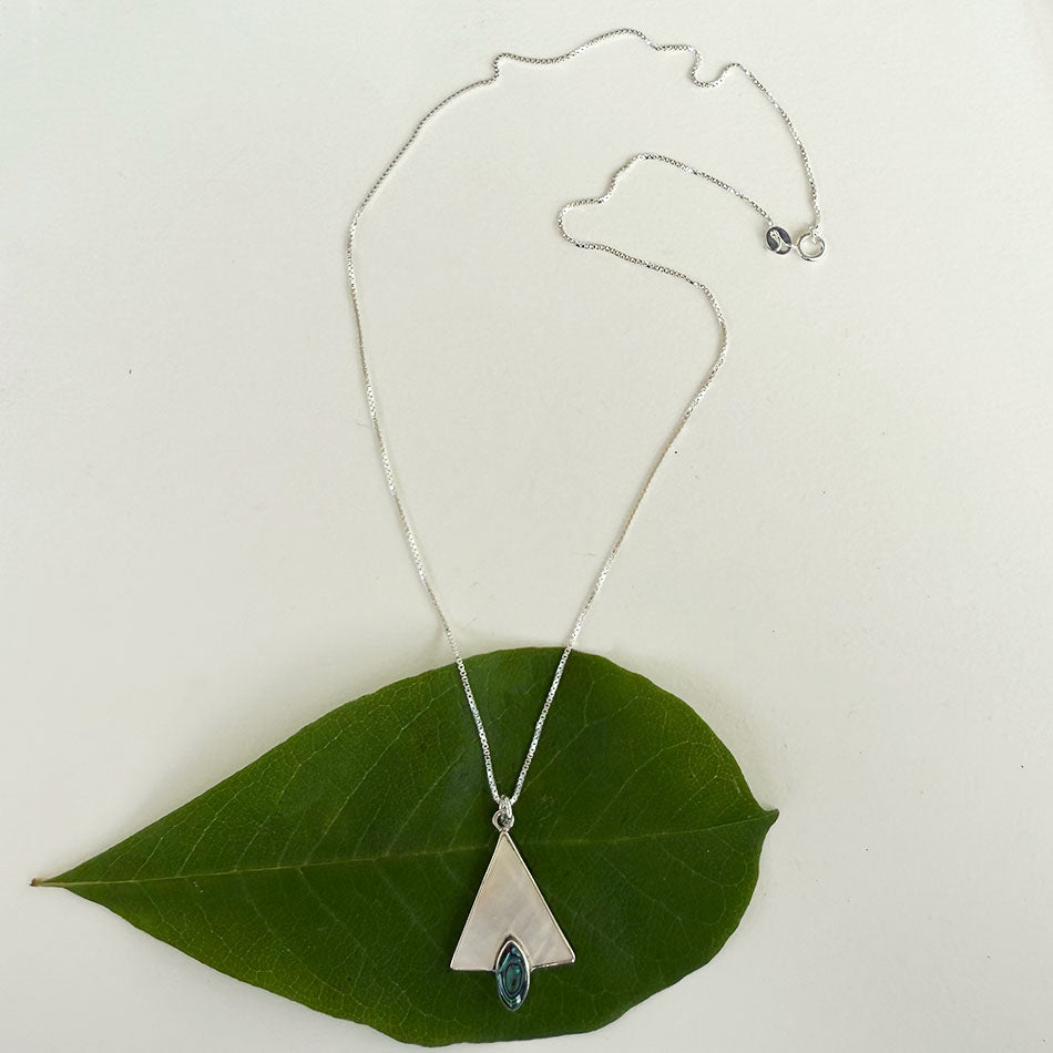Fair trade pearl and abalone sterling silver necklace.