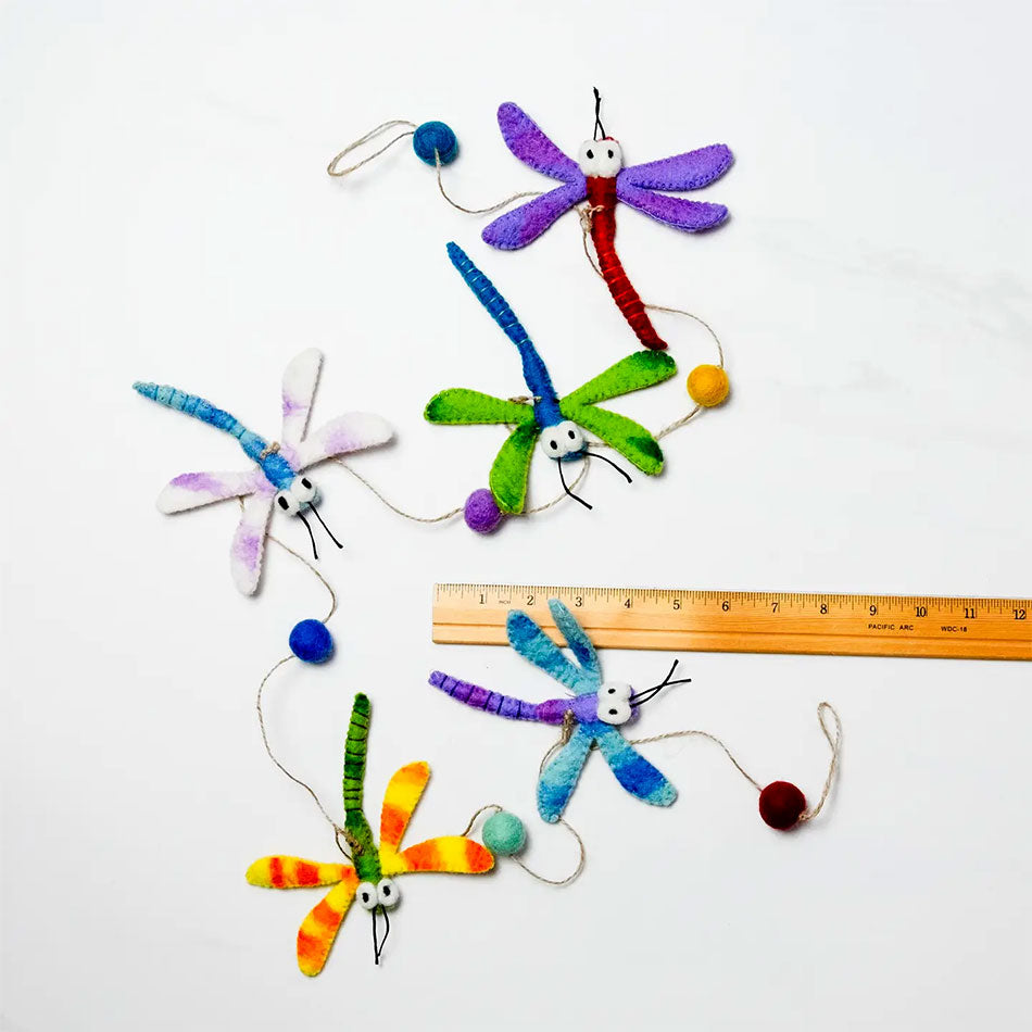 Fair trade felt multi-colored dragonfly garland.