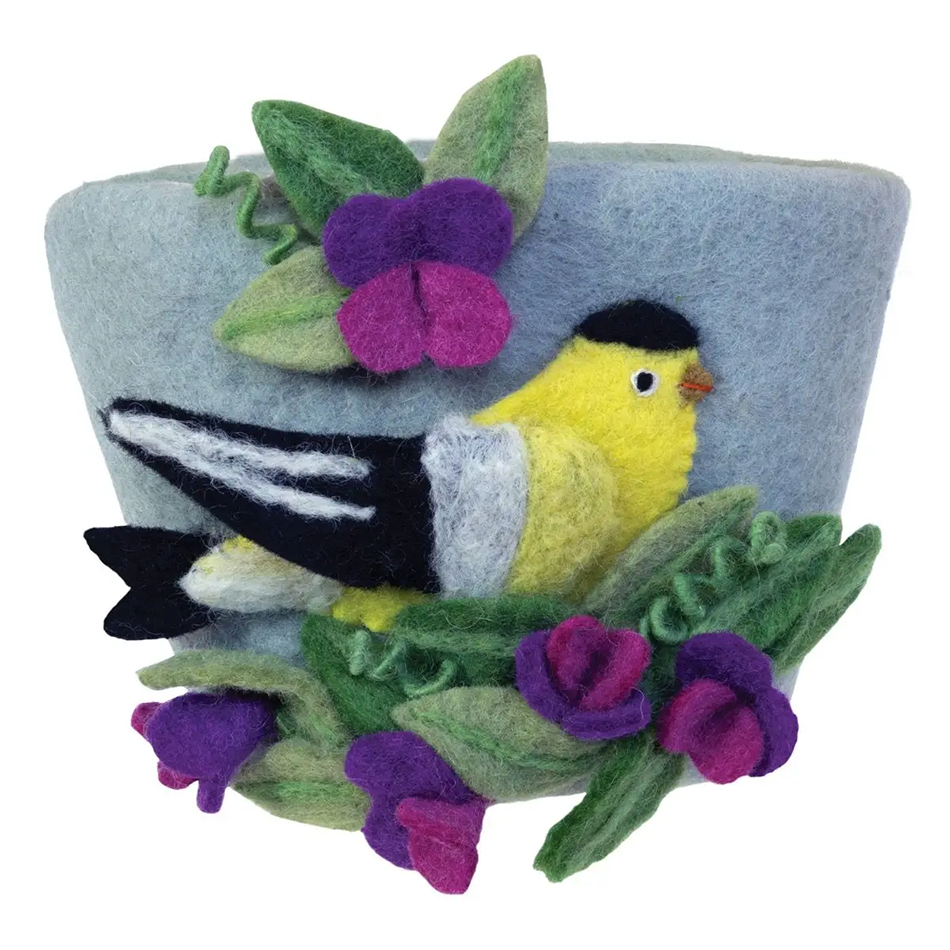 Felted wool flower pot with goldfinch and sweetpea design on the outside.