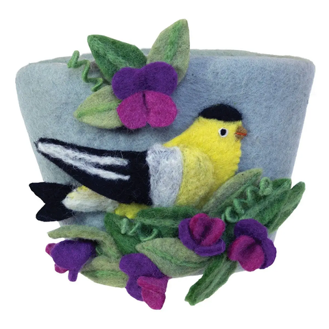 Felted wool flower pot with goldfinch and sweetpea design on the outside.