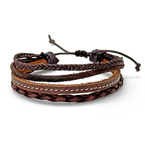 Leather men's bracelet with 4 straps and slide knot to adjust.