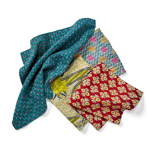 Fair trade napkins handmade from recycled sari fabric in India.