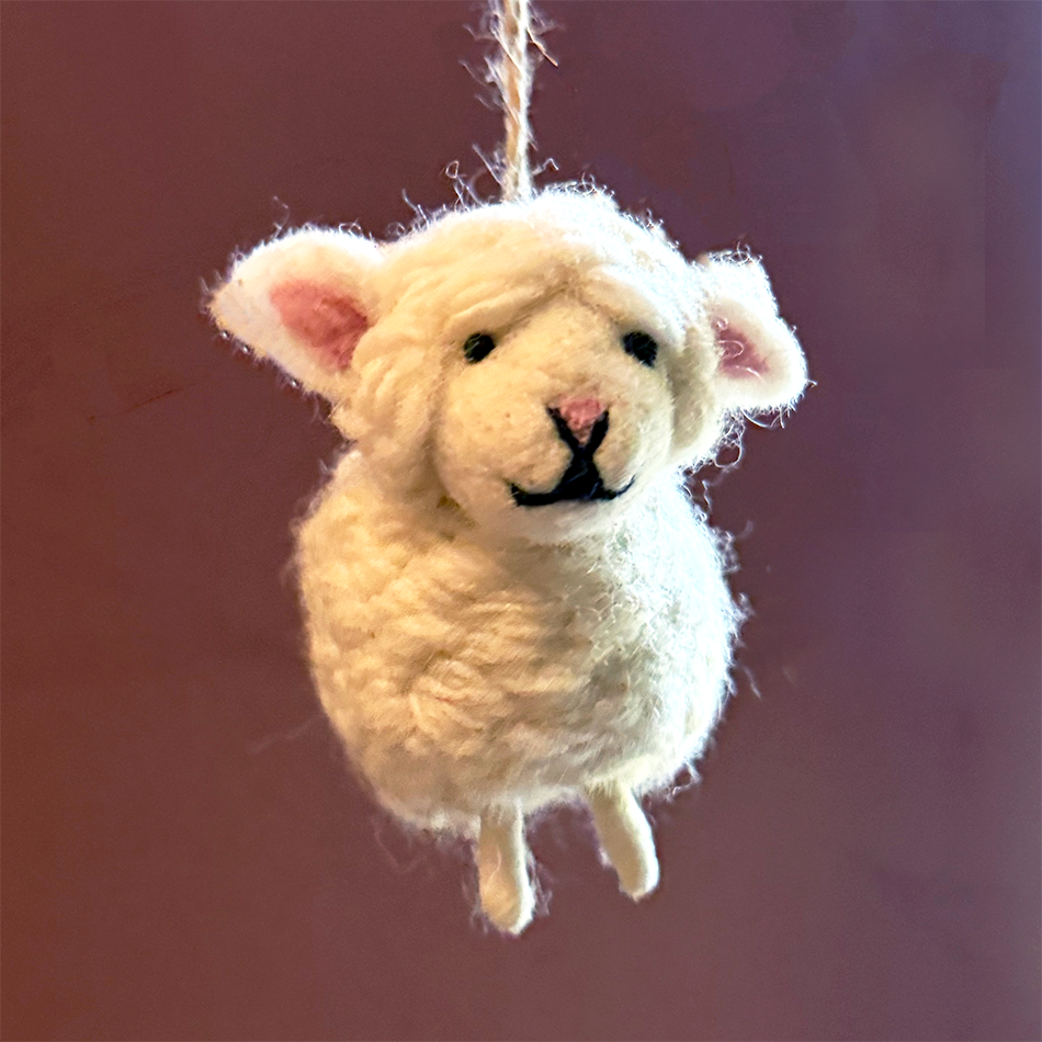 White felted wool sheep ornament