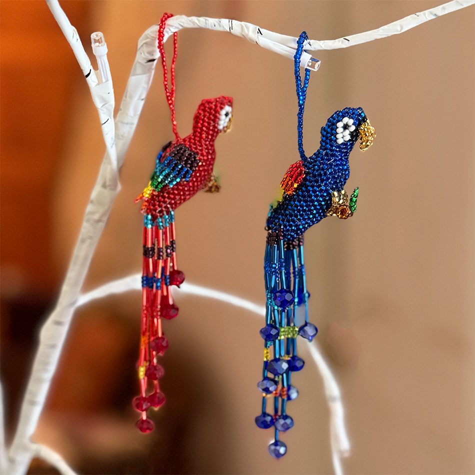 Fair trade beaded parrot ornaments.