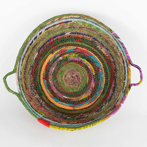Fair trade recycled sari basket colorful.