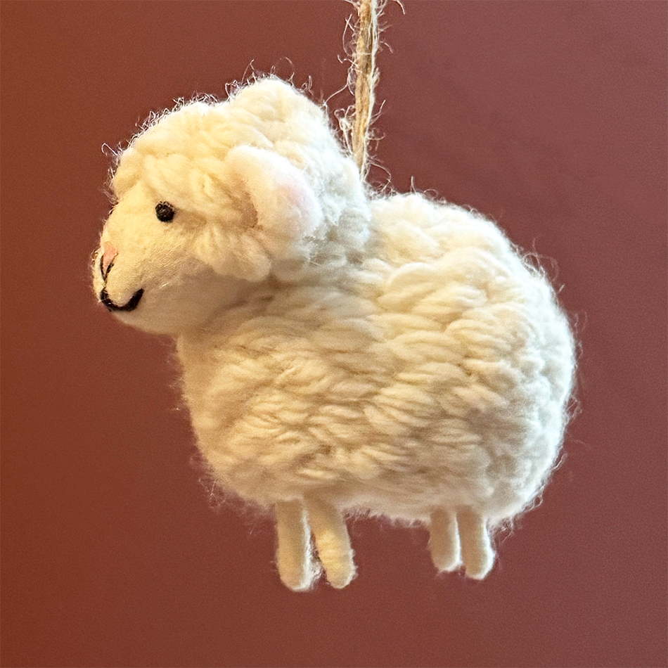 White felted wool sheep ornament