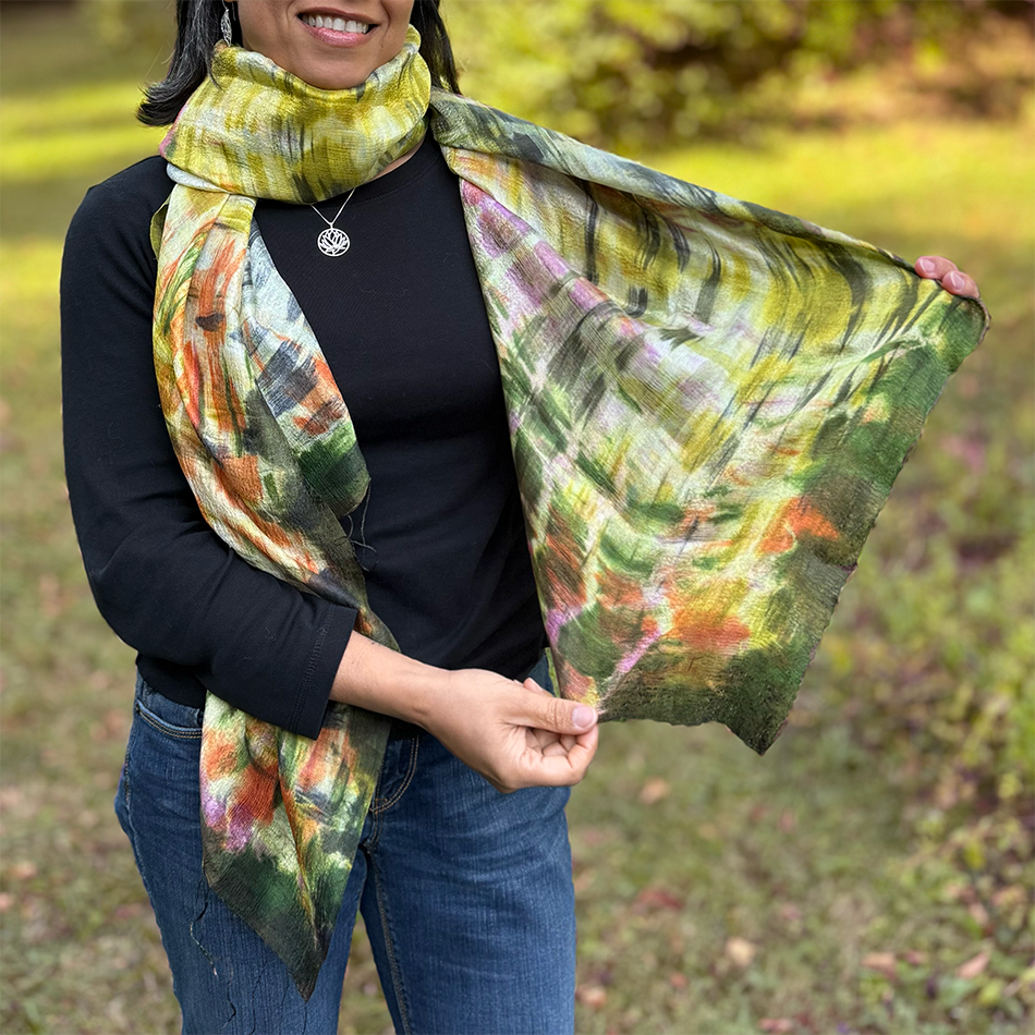 Fair trade silk scarf gold, pink orange green.