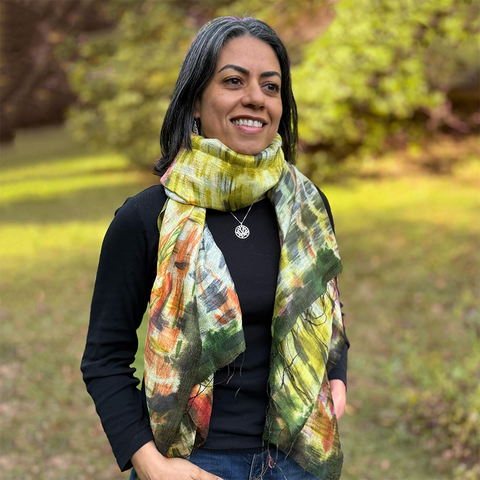 Fair trade silk scarf gold, pink orange green.