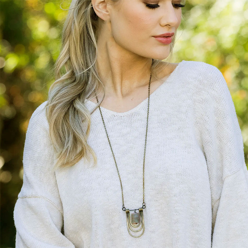 Fair trade aventurine long statement necklace bronze color.