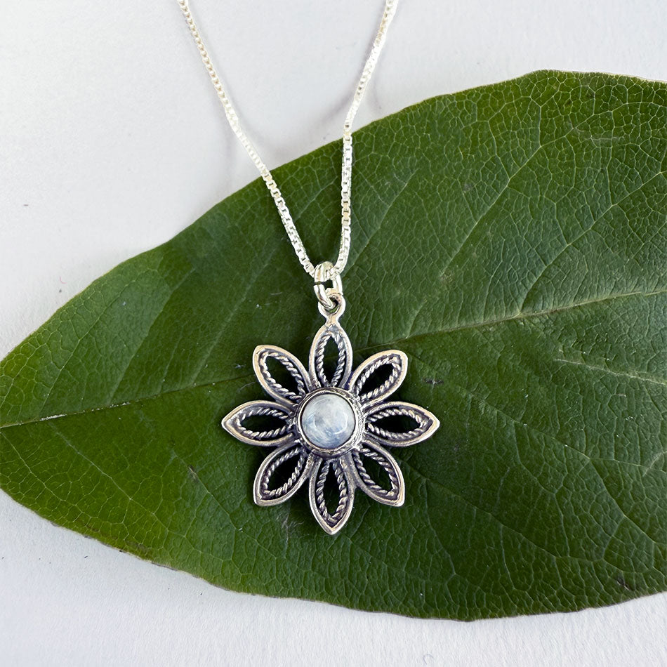 Fair trade sterling silver flower moonstone necklace