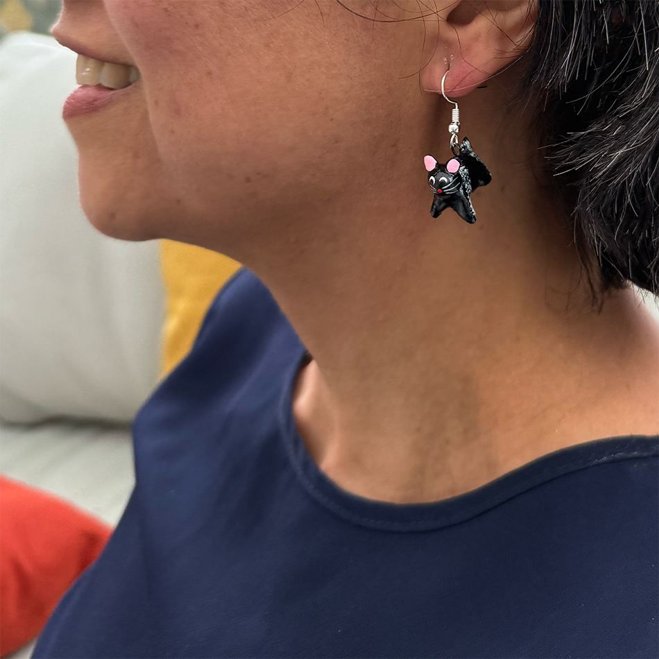 Black cat ceramic earrings with pink ears
