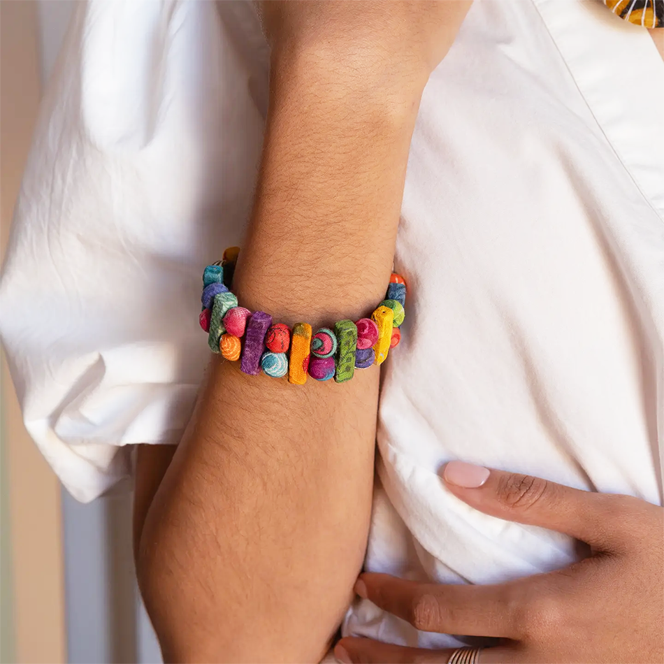 Colorful recycled sari statement bracelet.