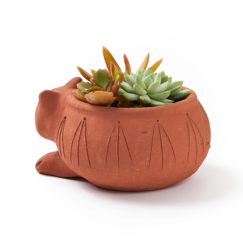 Terracotta small planter with cat design